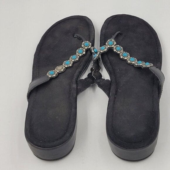 Minnetonka Black Thong Flip Flop Sandal w/ Silver Turquoise Flower Strap Size 11 - Picture 5 of 12